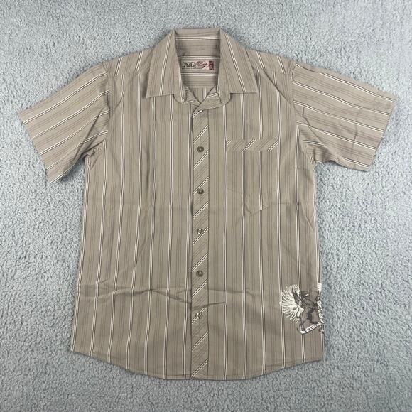 XG Prep Men's Large Brown Striped Crest Short Sleeve Button Up Shirt - Picture 1 of 16